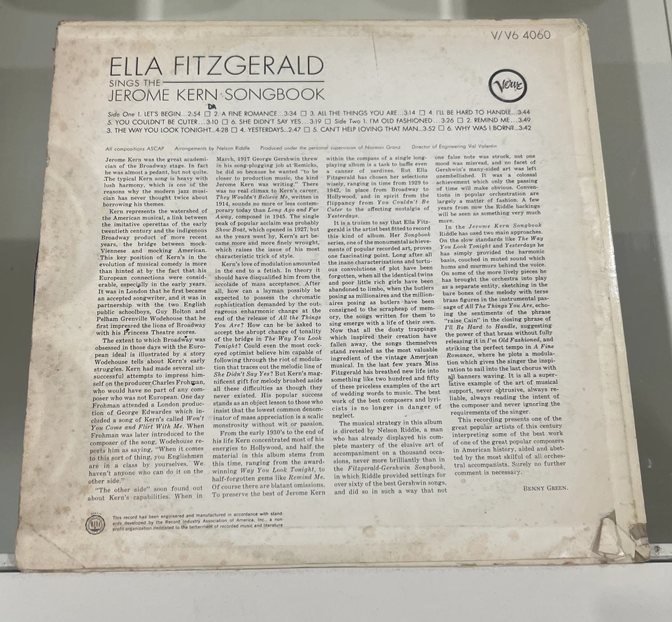 ELLA FITZGERALD LP SINGS THE JEROME KERN SONG BOOK 1963 VERVE V-4060  MONO - Image 2 of 3