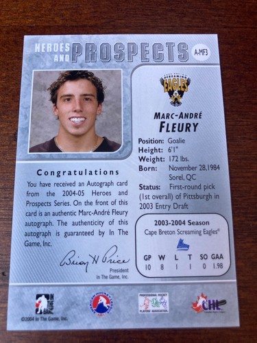 Marc Andre Fleury Auto 2004 ITG Heroes and Prospects Rookie Autograph - Picture 2 of 2