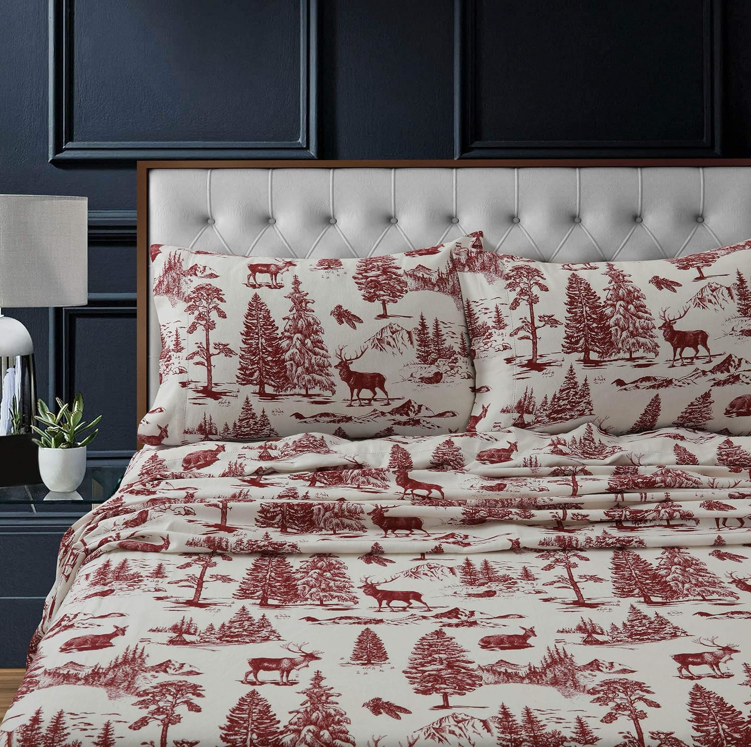 100% Cotton Flannel Sheet Set Queen 200 GSM Deep Pocket Deer Toile Red