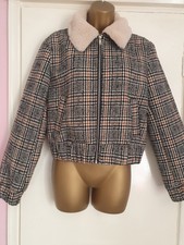 Vintage Lola Skye Jacket Uk 10 Black Cream Check Zip Up Cropped Fur Lined