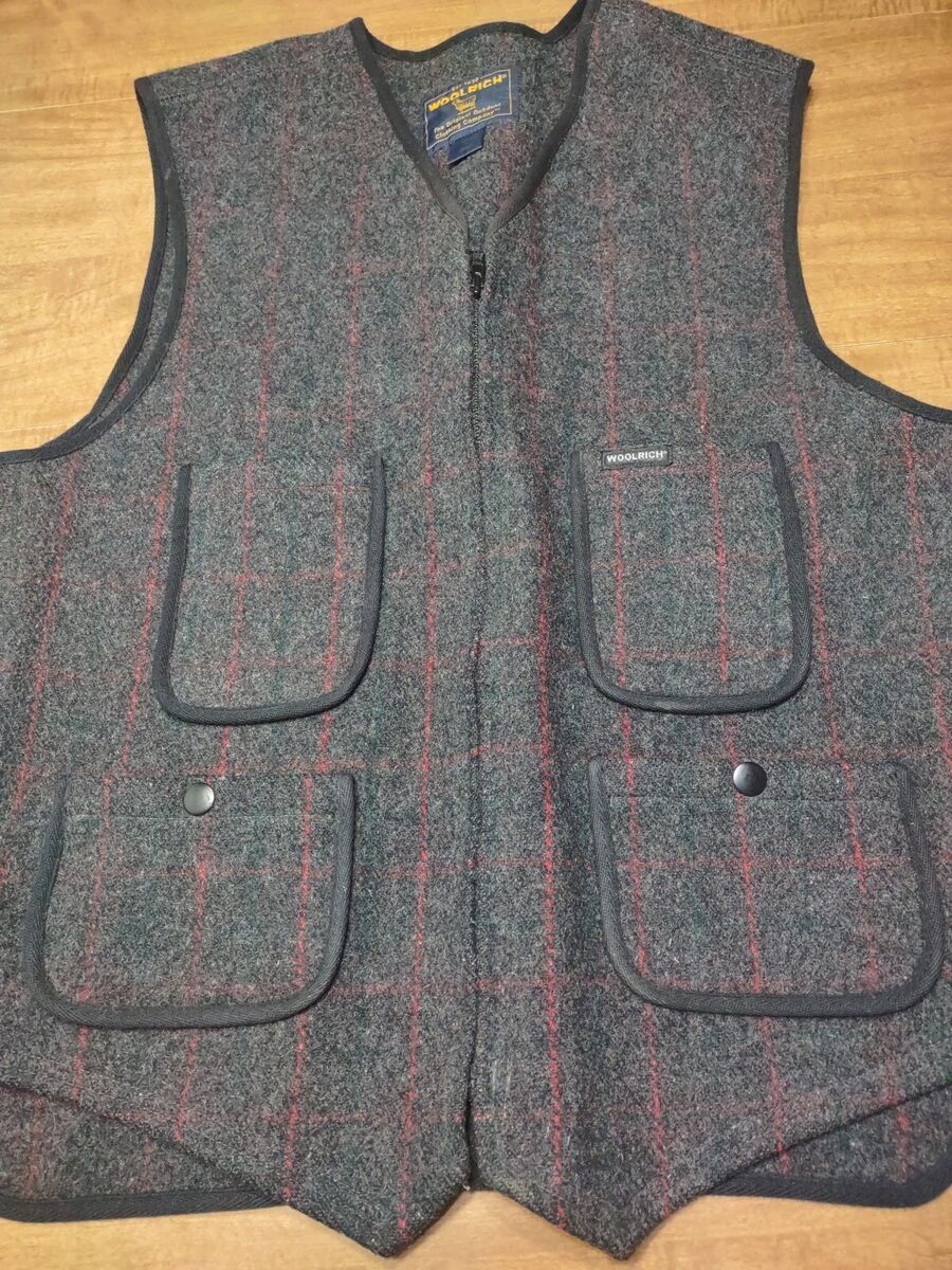 Vintage Woolrich Wool Vest LARGE Gray Red Malone Plaid Full Vintage Woolrich Wool Vest LARGE Gray Red Malone Plaid Full