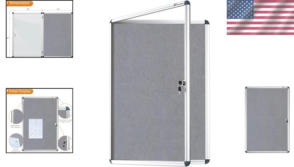 Lockable Fabric Noticeboard in Gray with Aluminum Frame - 36" x 24" Solution - Image 2 of 4