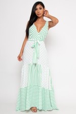 Everlynn Green and White Maxi Dress Size Small Sleeveless Polka Dot Stripes
