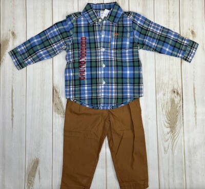 Carters Baby Boys Blue Plaid Shirt Brown Khaki Pants Set 18