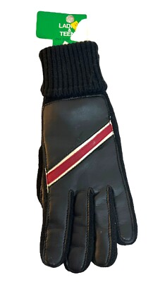 Vtg Knit Ladies/Teen Winter Gloves Black Knit & Diagonal Red Stripe Pleather NWT