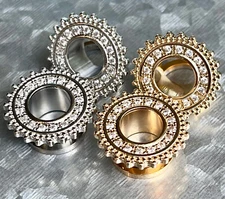 PAIR Gold or Steel Tribal Shield Gem Paved Screw Fit Flesh Tunnels Plugs