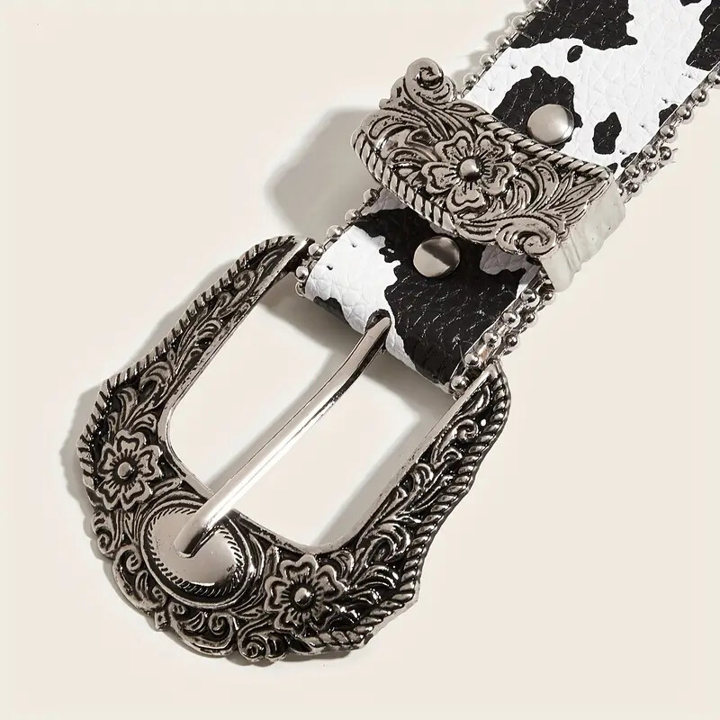 Western Vintage Cow Print Buckle Belt - Studded Cowhide