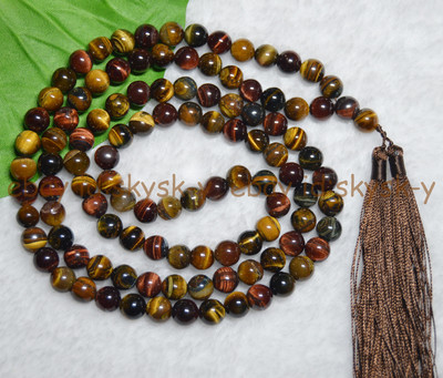 Collana Bracciale Mala Buddista 108 Perline - Agata Multicolore 6mm, Con Nappa, Fatto A Mano - Lunghezza 25 Pollici