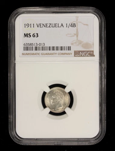 VENEZUELA  1/4 (25 Centimos, 0.25 cents) Bolivar 1911 NGC MS-63 Silver Coin