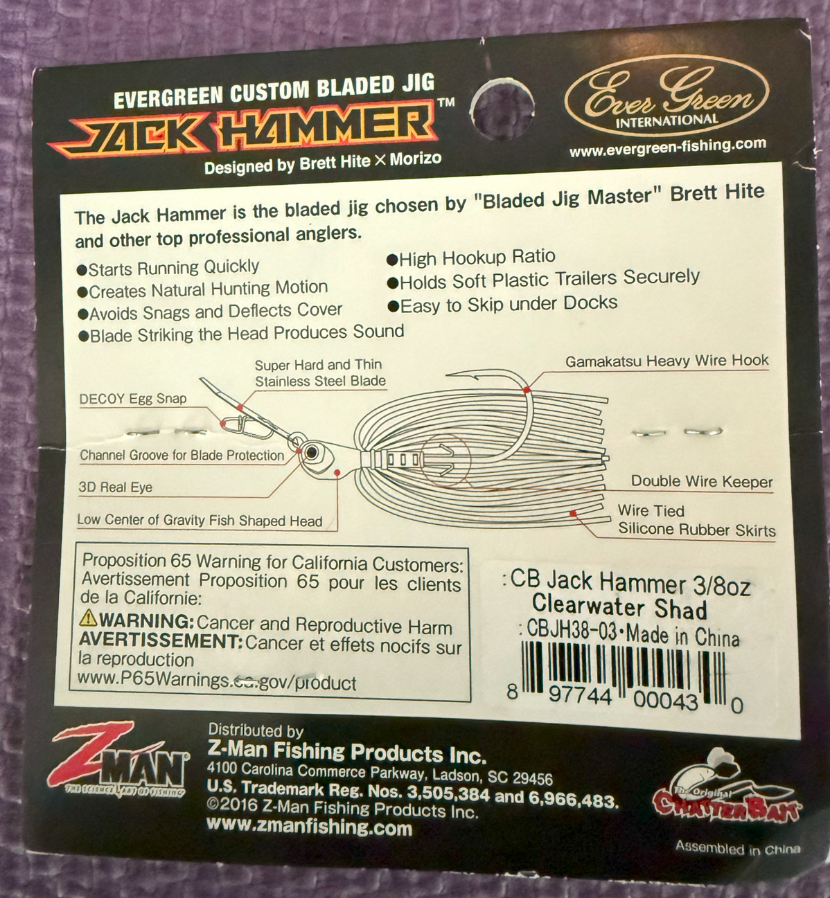 Z-man Evergreen Jack Hammer Chatterbait 3/8 oz Clearwater Shad - Image 2