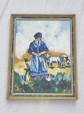 tableau Vintage "Marie des Brebis" Peinture sur Carton Signée et Datée 1991