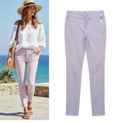 Old Navy Pixie Ankle Pants Wmn's Sz 4 White Mauve Stripe High Waist Stretch NWT