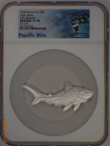 2020 SOLOMON ISLANDS 1 Oz .999 SILVER $2 TIGER SHARK SHAPED NGC FR REVERSE PF70