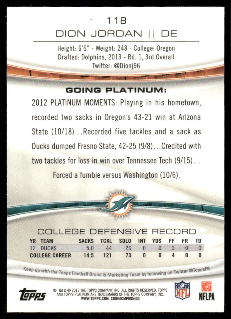 2013 Topps Platinum #118 Dion Jordan Xfractors RC Miami Dolphins thumbnail 2