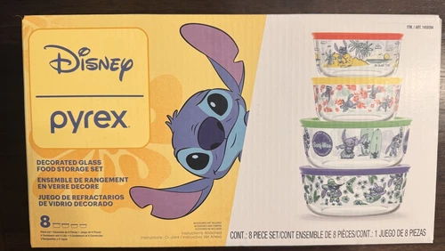 Disney Pyrex Stitch Glass Food Decorated Storage Bowl & Lid Set 8 Pieces