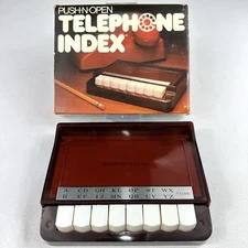 Vintage 1981 Push-N-Open Telephone Index Original Box, Retro Desk Accessory