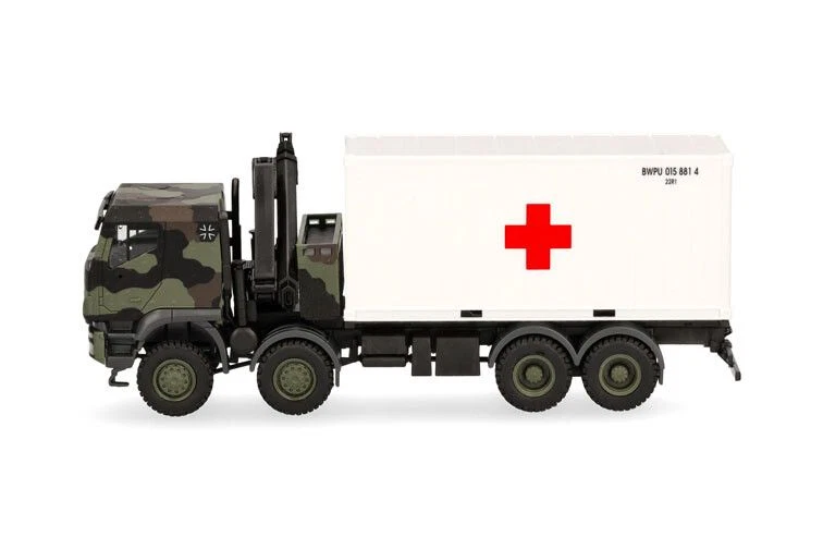 Iveco Trakker avec grue et conteneur de la Croix Rouge - HERPA 747288 - HO 1/87
