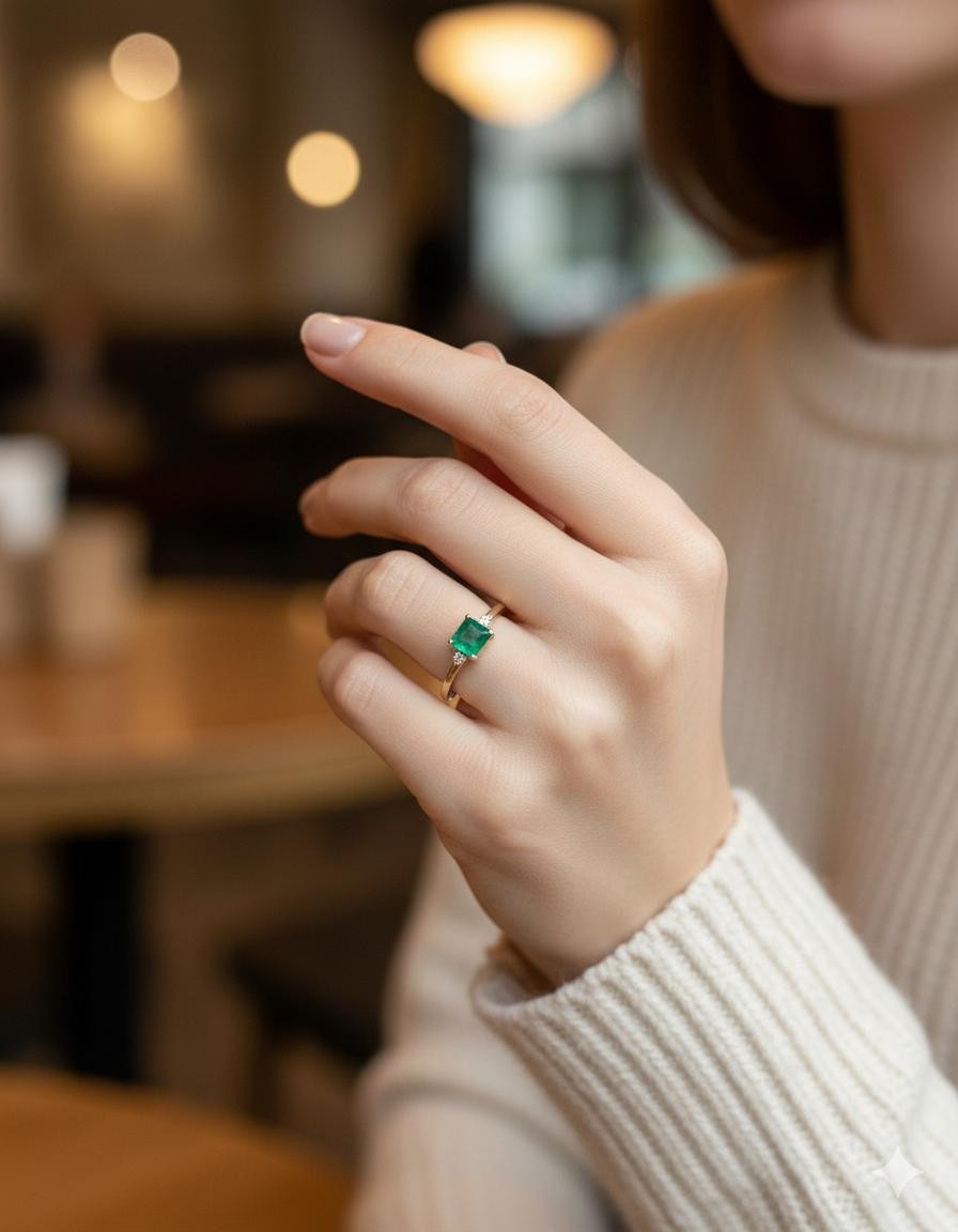 18K Yellow Gold Ring w/ Natural Colombian Emerald 0.25 ct & Diamonds | Certifica