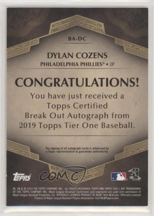 2019 Topps Tier One Break Out Auto Silver Ink /10 Dylan Cozens #BA-DC Auto - Image 2 of 2