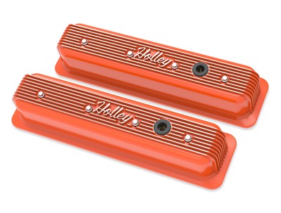 241-249 Holley Vintage Finned Valve Cover - ''Holley'' Script- SBC - Center Bolt