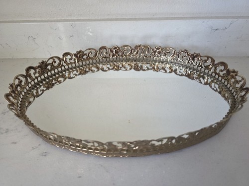 Vintage Hollywood Regency Gold Filigree Oval Vanity Mirror Tray 13.5" x 9.5" EUC
