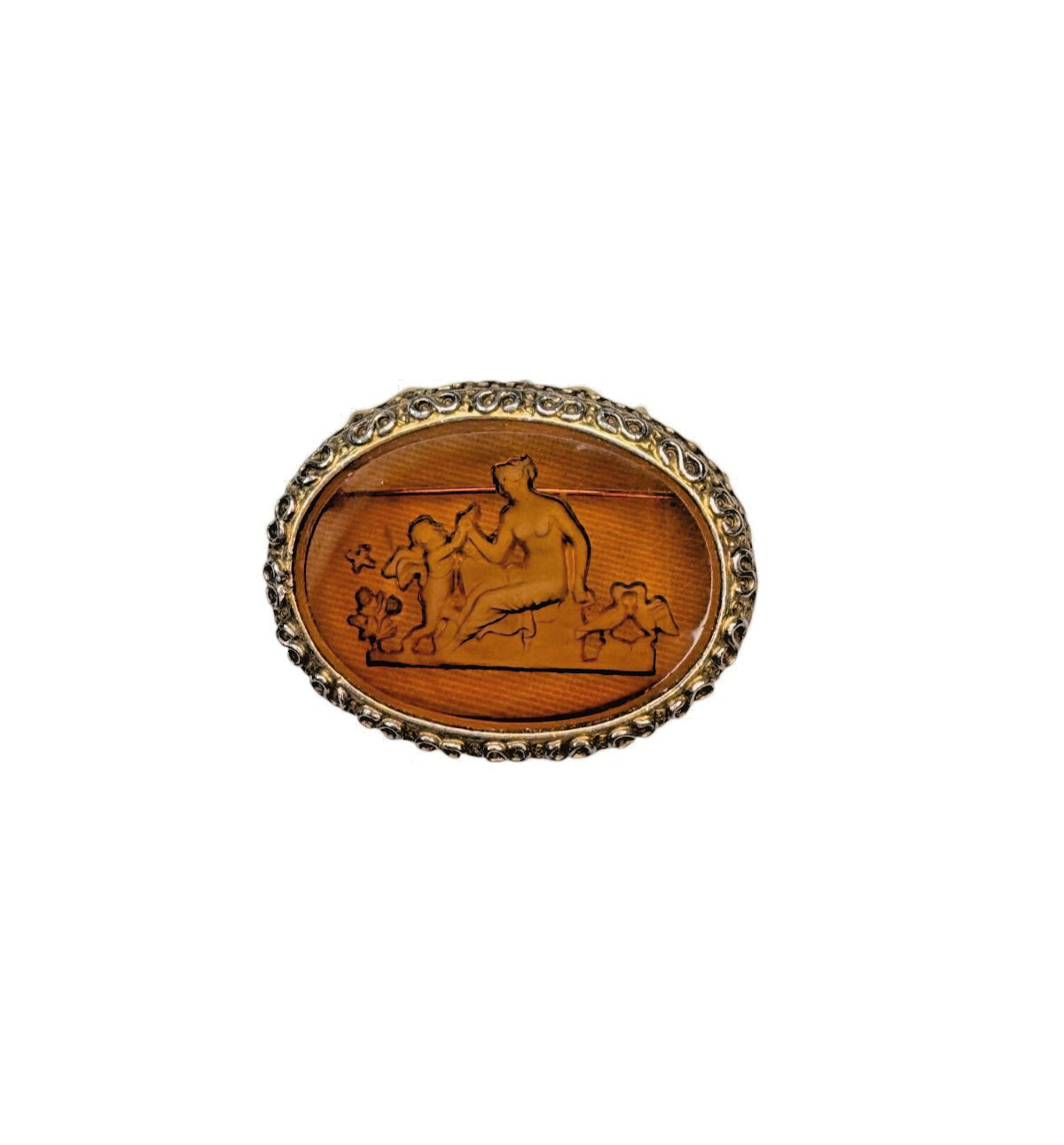 Amber Brown Intaglio Glass Classical Scene Oval Unsigned Brooch Vintage