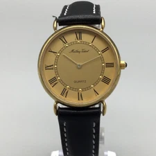 Mathey Tissot Women Dress Watch 34mm Gold Tone Black Leather Band New Battery
