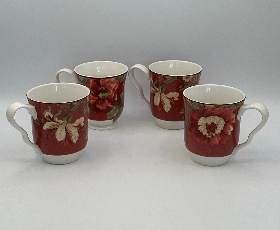 222 Fifth Fluer Rouge Red Porcelain Coffee Tea Cups Mugs Floral Set of 3 - Image 2 of 4