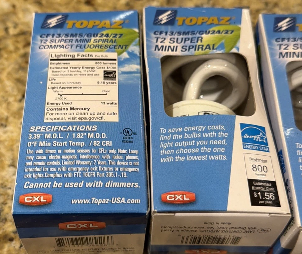 (4)- TOPAZ CF13/SMS/GU24/27-46 (13 WATT) 2700K T2 SUPER MINI SPIRAL FLUORESCENT - Image 4 of 4