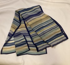 Vintage Sheer Chiffon Silk Long Scarf Multi Color Horizontal Stripe Blue Green
