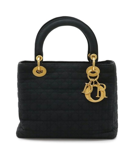 Christian Dior Lady Dior Cannage Quilted Nylon Handbag Black Gold Hardware