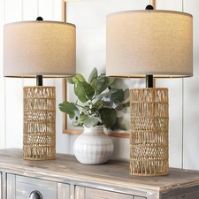 22.5" Boho Table Lamps Set of 2 Living Room Bedside Lamp Nightstands Rattan Lamp