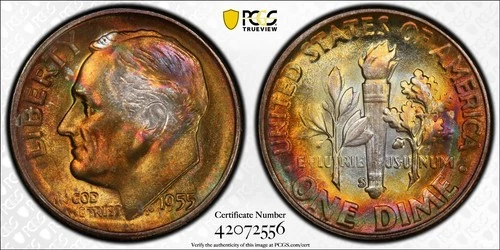 MS67+ 1955-S 10C Roosevelt Silver Dime, PCGS Trueview- Rainbow Mint Set Toned