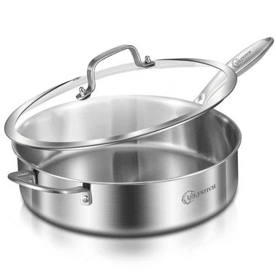 LOLYKITCH 6 QT Tri-Ply Stainless Steel SautÃ© Pan with Lid,Deep Frying Pan,Large Skillet