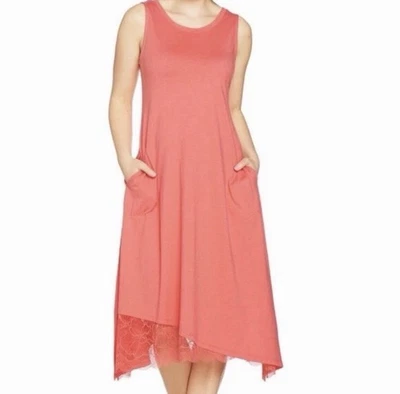 LOGO Lori Goldstein Womens L Coral Pink Handkerchief Maxi Dress Lace Pockets - Image 1 of 4