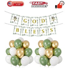 God Bless Banner for Baptism, First Communion Decorations With White Gold Sag...