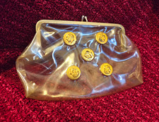Vintage Clear Plastic Coin Purse Wallet Gold Tone Metal Frame Kiss Lock