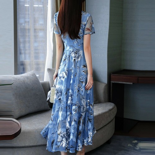 Elegantes langes Damen Sommer V-Ausschnitt Kurzarm Boo Print Abend Party Kleid KÄSE - Bild 4 von 12