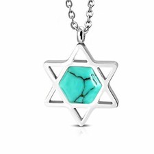 Stainless Steel Simulated Turquoise Jewish Star of David Pendant Necklace, 20"