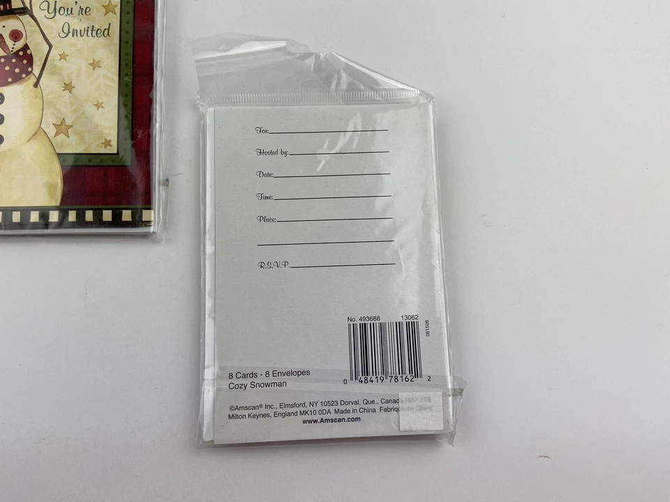 Lote de 2 tarjetas de invitación de muñeco de nieve acogedor Amscan 8 tarjetas vacaciones de Navidad Foto 3 de 4