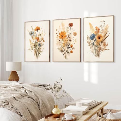 Botanical Floral Wall Art Set of 3 Vintage Wildflower Canvas Wall Decor ...
