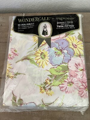 Wondercale Springmaid Vintage Twin Fitted Sheet White Multicolored Daisies NOS