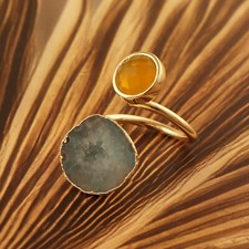 Sky Blue Geode Druzy With Yellow Quartz Gold Plated Adjustable Jewelry Gift Ring