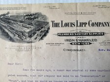 Vtg 1900&rsquo;s  Louis Lipp Co Plumber Supplies Bath Tubs Cincinnati Ohio Letterhead