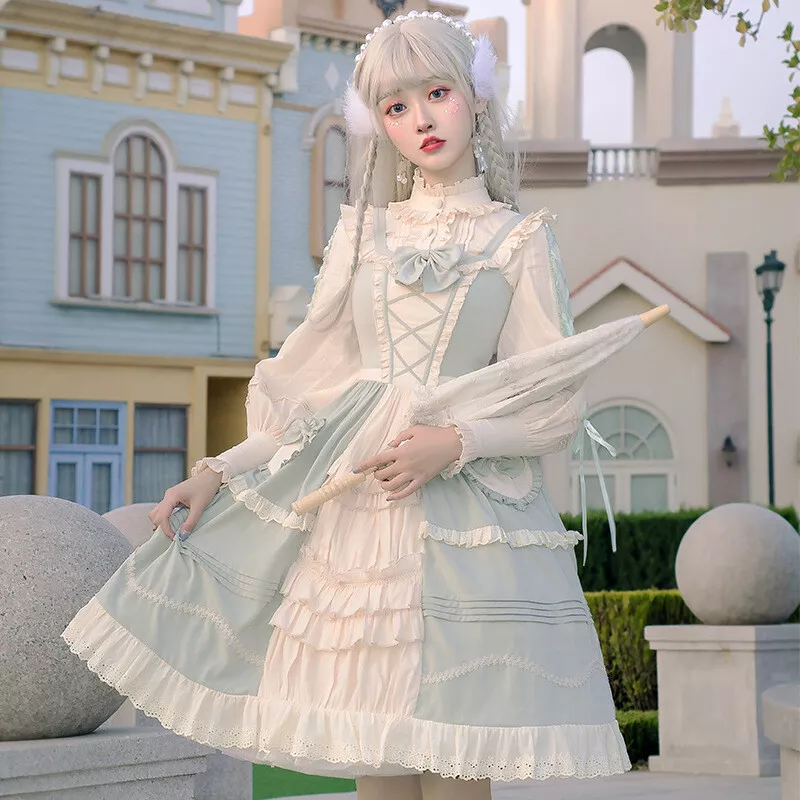 Women Lolita Sweet Bow Dress Japanese Pastoral Style Maid Cosplay