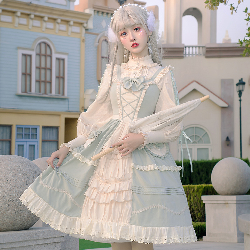 Mujeres Vestido Lolita Dulce Lazo Estilo Pastoral Japonés Criada Vestido con disfraces