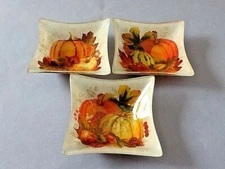 A Set of 3 PRIMA Design 5" Square Glass Bowls/ Dishes - FALL - Pumpkins, Leaves 