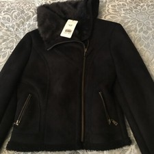 Jane Norman Ladies Faux Fur Suede Crop Jacket With Fur Collar Black Size 10/36