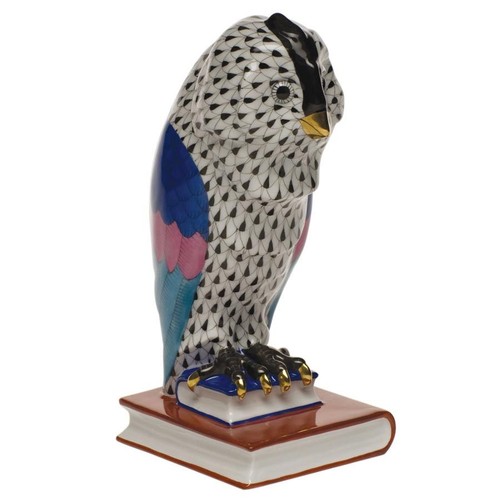 HEREND, PORCELAIN 8.25" OWLS ON BOOKS BOOKEND PAIR, BLACK, FLAWLESS