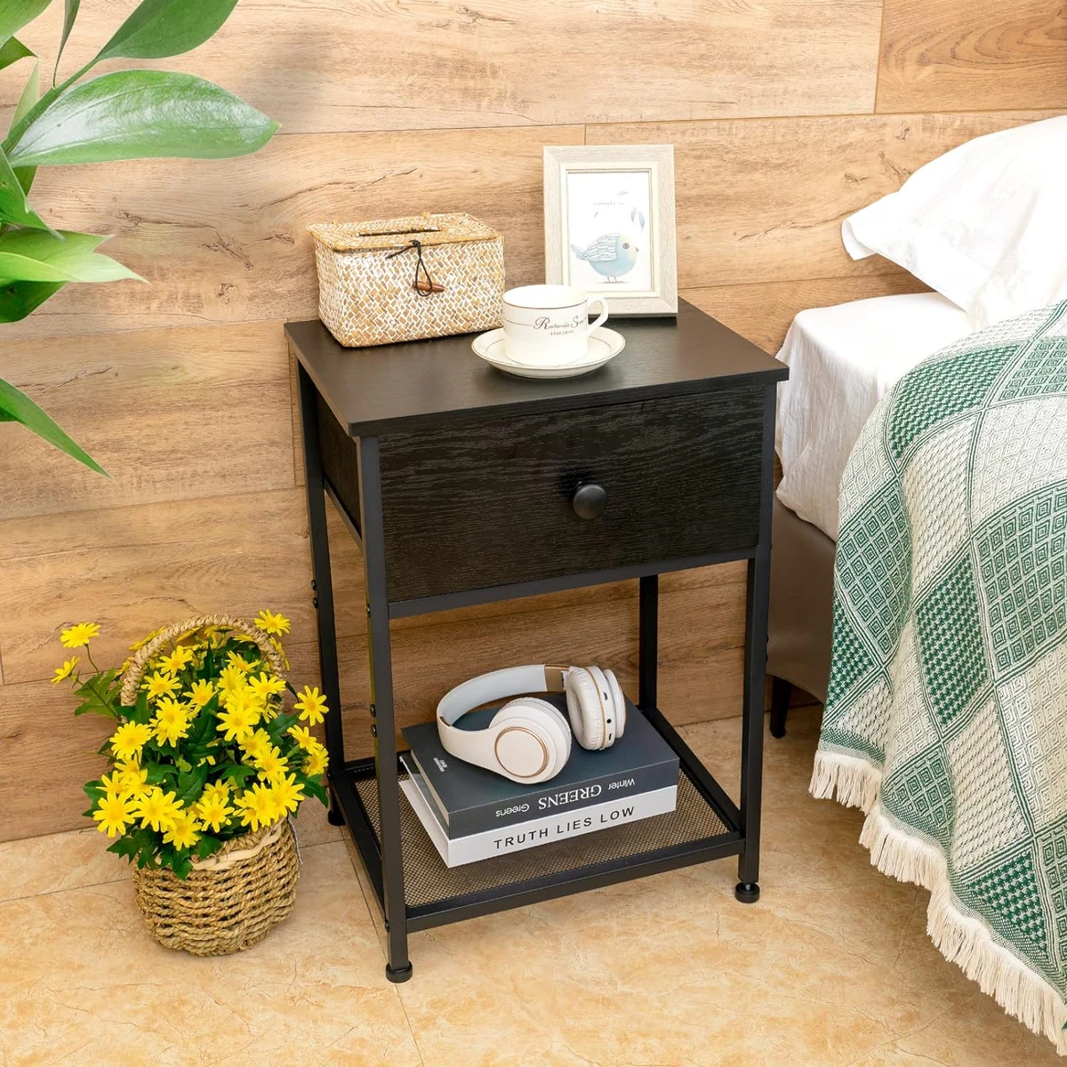 AMHANCIBLE Black Nightstands Set of 2 Small End Tables Living Room